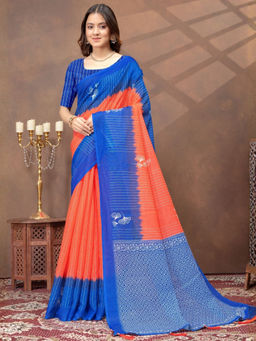 Odette - Orange Cotton Blend Printed Saree with Unstitched Blouse