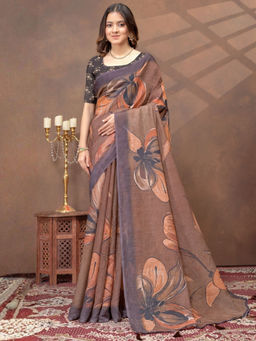 Odette - Brown Cotton Blend Floral Saree with Unstitched Blouse