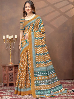 Odette - Mustard Cotton Blend Printed Saree with Unstitched Blouse