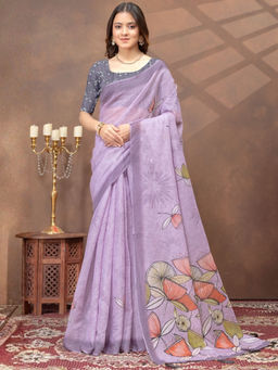 Odette - Lavender Cotton Blend Printed Saree with Unstitched Blouse