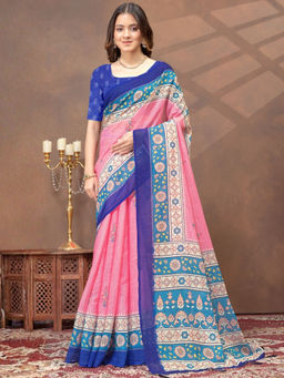 Odette - Pink Cotton Blend Printed Saree with Unstitched Blouse