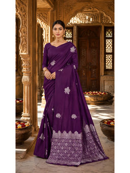 Anjaneya Sarees - Purple Silk Blend Embellished/Sequined Saree with Unstitched Blouse