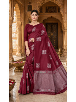 Anjaneya Sarees - Maroon Silk Blend Woven Saree with Unstitched Blouse