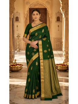 Anjaneya Sarees - Green Silk Blend Woven Saree with Unstitched Blouse