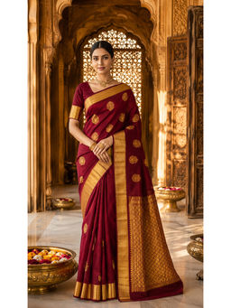 Anjaneya Sarees - Maroon Silk Blend Woven Saree with Unstitched Blouse