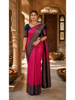 Anjaneya Sarees - Womens Pink Silk Blend Woven with Zari Saree with Unstitched Blouse