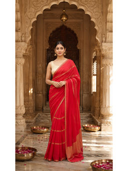 Anjaneya Sarees - Red Linen Blend Stripes Saree with Unstitched Blouse