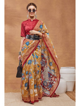RACHNA - Mustard Silk Blend Printed Saree Without Blouse