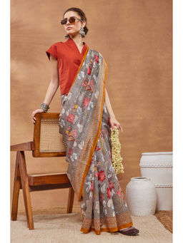 RACHNA - Grey Silk Blend Printed Saree Without Blouse