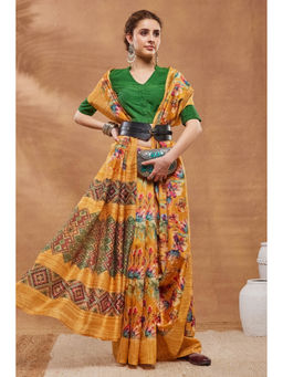 RACHNA - Mustard Silk Blend Printed Saree Without Blouse