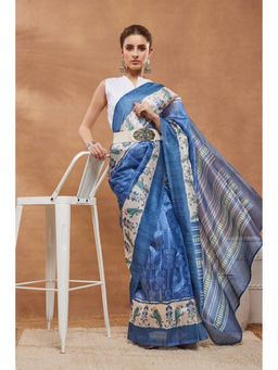 RACHNA - Blue Silk Blend Printed Saree Without Blouse
