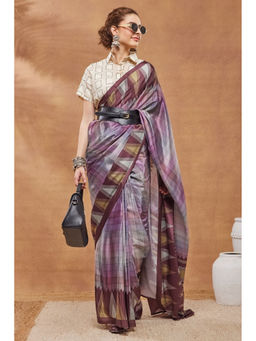 RACHNA - Purple Silk Blend Checks Saree Without Blouse