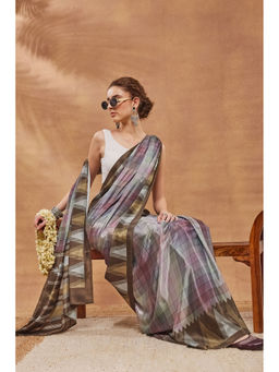 RACHNA - Brown Silk Blend Checks Saree Without Blouse