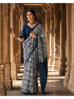 Anjaneya Sarees - Blue Linen Blend Printed Saree with Unstitched Blouse