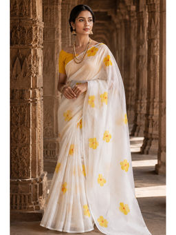 Anjaneya Sarees - White Linen Blend Floral Saree with Unstitched Blouse