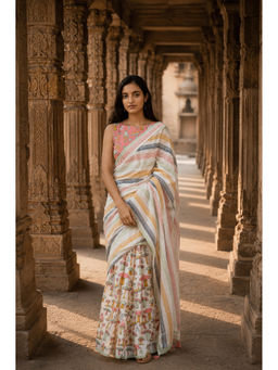 Anjaneya Sarees - Womens White Linen Blend Printed Saree with Unstitched Blouse