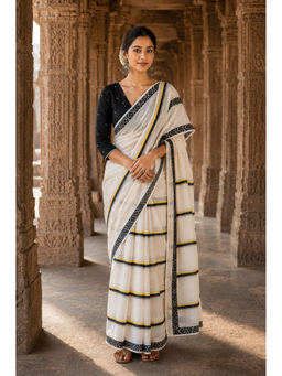 Anjaneya Sarees - White Linen Blend Stripes Saree with Unstitched Blouse