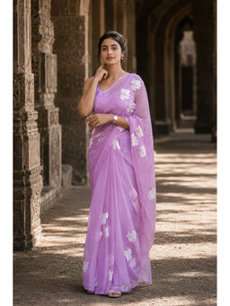 Anjaneya Sarees - Purple Linen Blend Printed Saree with Unstitched Blouse