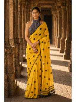 Anjaneya Sarees - Yellow Linen Blend Geometric Saree with Unstitched Blouse