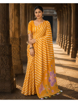 Anjaneya Sarees - Mustard Linen Blend Stripes Saree with Unstitched Blouse