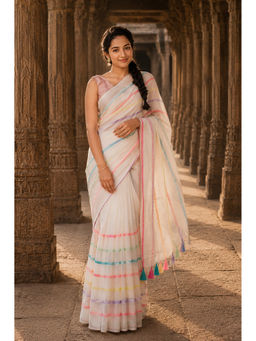 Anjaneya Sarees - White Linen Printed Saree with Unstitched Blouse