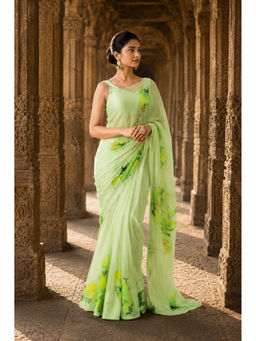 Anjaneya Sarees - Green Linen Blend Floral Saree with Unstitched Blouse