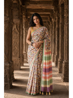 Anjaneya Sarees - Multi-Color Linen Blend Printed Saree with Unstitched Blouse