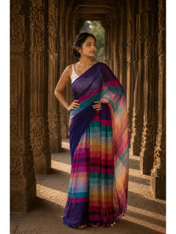 Anjaneya Sarees - Navy Blue Linen Blend Stripes Saree with Unstitched Blouse