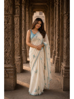 Anjaneya Sarees - Women White Linen Printed Saree with Unstitched Blouse