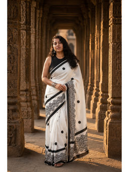 Anjaneya Sarees - White Linen Blend Printed Saree with Unstitched Blouse