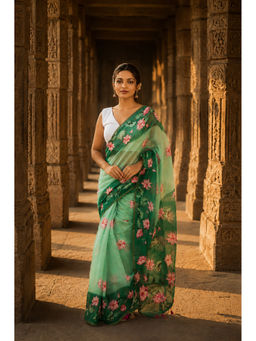 Anjaneya Sarees - Green Linen Blend Printed Saree with Unstitched Blouse
