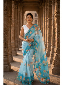 Anjaneya Sarees - Blue Women's Linen Blend Printed Saree with Unstitched Blouse