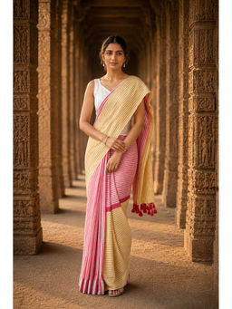 Anjaneya Sarees - Yellow Linen Blend Stripes Saree with Unstitched Blouse
