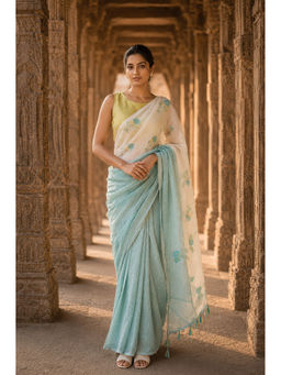 Anjaneya Sarees - White Linen Blend Floral Saree with Unstitched Blouse