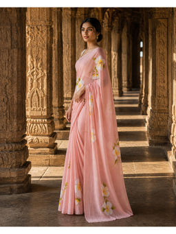 Anjaneya Sarees - Peach Linen Blend Printed Saree with Unstitched Blouse
