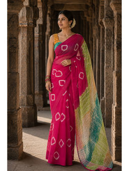 Anjaneya Sarees - Pink Linen Blend Printed Saree with Unstitched Blouse