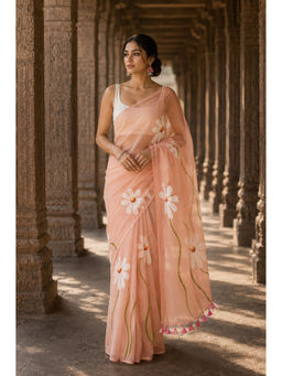 Anjaneya Sarees - Peach Linen Blend Floral Saree with Unstitched Blouse