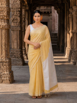 Anjaneya Sarees - Yellow Linen Blend Printed Saree with Unstitched Blouse