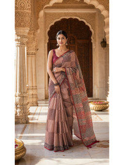 Anjaneya Sarees - Red Linen Blend Printed Saree with Unstitched Blouse