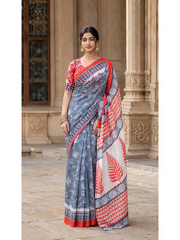 Anjaneya Sarees - Grey Linen Blend Printed Saree with Unstitched Blouse