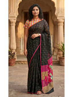 Anjaneya Sarees - Black Linen Blend Printed Saree with Unstitched Blouse