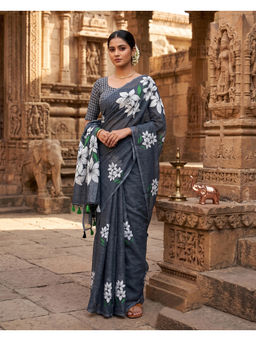 Anjaneya Sarees - Grey Linen Blend Floral Saree with Unstitched Blouse