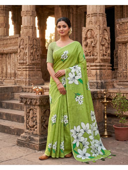 Anjaneya Sarees - Green Linen Blend Floral Saree with Unstitched Blouse