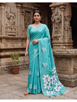 Anjaneya Sarees - Teal Linen Blend Floral Saree with Unstitched Blouse