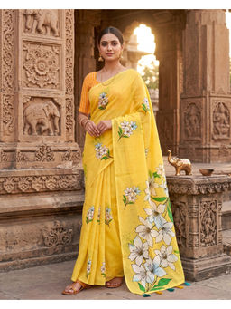 Anjaneya Sarees - Yellow Linen Blend Floral Saree with Unstitched Blouse