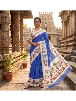 Anjaneya Sarees - Women Blue Linen Blend Printed Saree with Unstitched Blouse