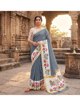 Anjaneya Sarees - Grey Linen Blend Printed Saree with Unstitched Blouse