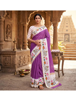 Anjaneya Sarees - Purple Linen Blend Printed Saree with Unstitched Blouse