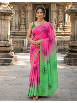 Anjaneya Sarees - Pink Linen Blend Printed Saree with Unstitched Blouse