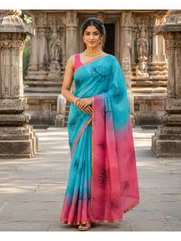 Anjaneya Sarees - Women'S Blue Linen Blend Printed Saree with Unstitched Blouse